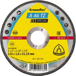 Cut Off Type 1 (Flat) 4-1/2 x 1/16(1.6mm) x 7/8 A46TZ for Steel & Stainless Steel Klingspor 187170