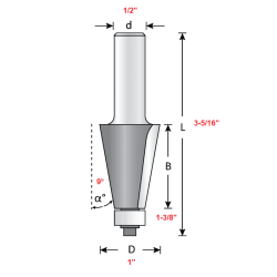 Custom Carbide Tipped Bevel Bit 1" Diameter 2 Flute 1-3/8" Cutting Height 1/2" Shank 9° Angle